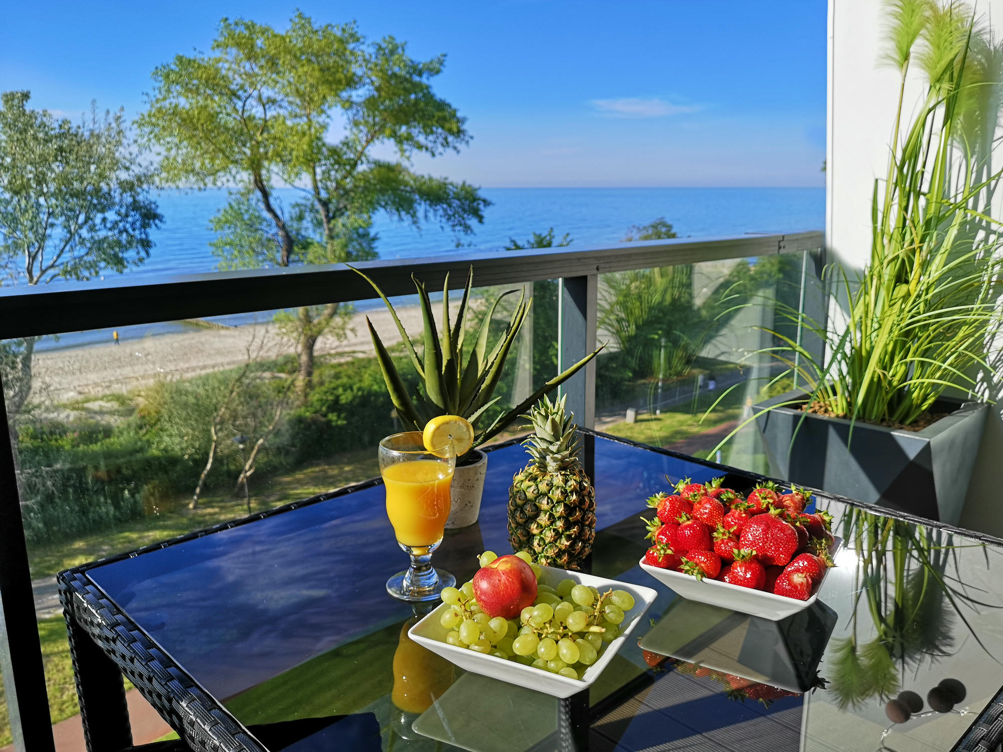 Widok z prywatnego tarasu w apartamencie w pierwszej linii brzegowej z frontowym widokiem na morze w Kołobrzegu