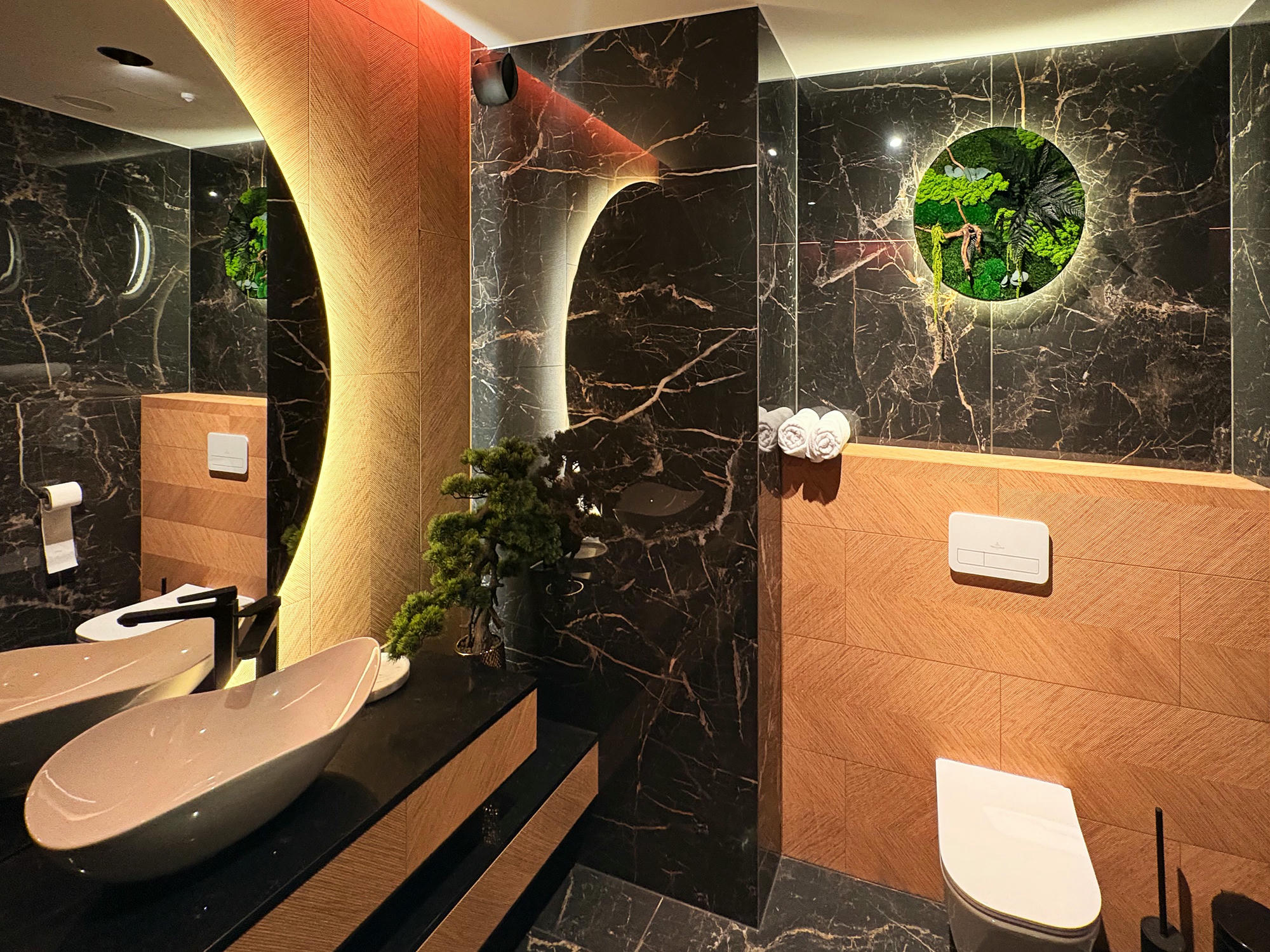 umywalka, podświetlane lustro i wc oraz obraz roślinny w łazience SPA z indywidualnie sterowanym oświetleniem i relaksacyjną muzyką w Sea View Smart & Garden VIP Apartment w Międzyzdrojach