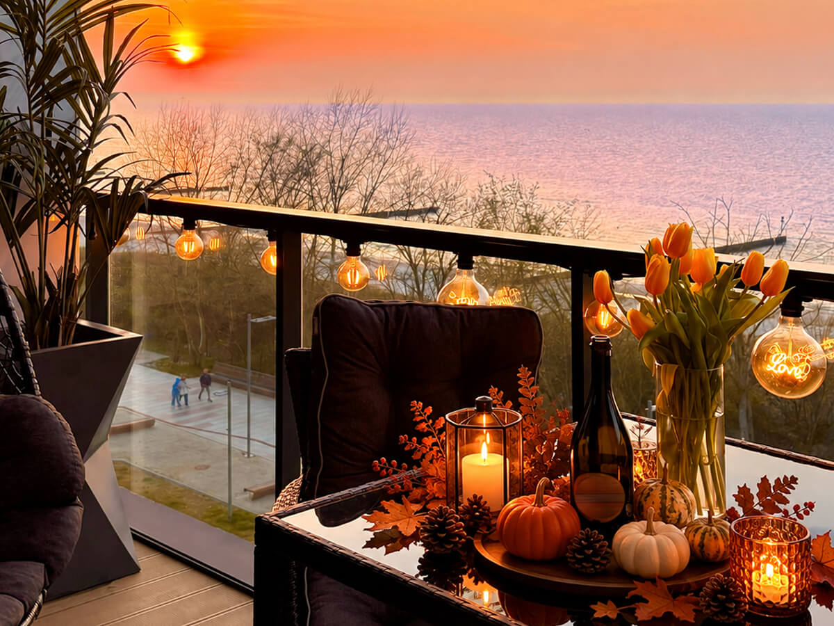 Jesienny balkon nad morzem o zachodzie słońca w Kołobrzegu