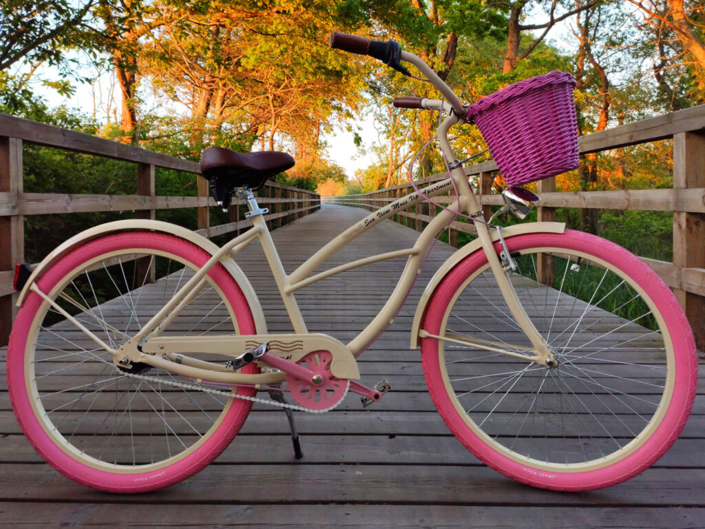 Rosa Fahrrad auf dem Holzsteg im Ekopark Wschodni in Kolberg